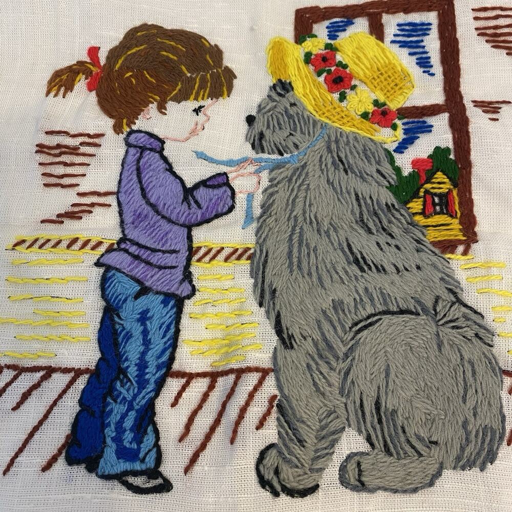 Vintage Handmade Art Linen Needlepoint Pillow Case Crewel Stitchery Playmates - Picture 4 of 7